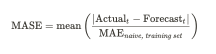 The definitio of MASE. The mean is taken over all timesteps t. The MAE is the Mean Absolute Error of the naive baseline model on the training set.